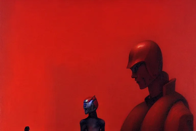 Image similar to only with red, a red samurai humanoid, tokio futuristic in background, yokai, in the style of beksinski, parts by edward hopper, parts by rodcenko, parts by yue minjun, intricate and epic composition, red by caravaggio, insanely quality, highly detailed, masterpiece, red light, artstation, 4 k