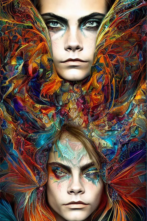 Prompt: an absolutely gorgeous portrait of Cara Delevigne by Android Jones, wings, fractals, Gorgeous colors, face symmetry, insane detail, gorgeous colors, strong composition, awe inspiring lighting, psychedelic, volumetric light, symmetry, subsurface scattering