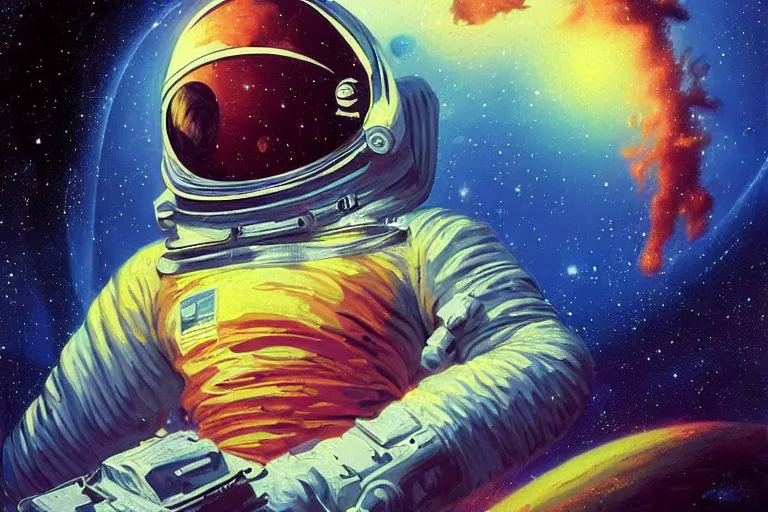 Image similar to digital painting of an astronaut in space, by paul lehr and vincent di fate, highly detailed, intricate, sharp focus, science fiction, galaxies, stars, supernova, black hole, galaxy, planet, void, artstation, cinematic lighting, trippy, retrofuturism