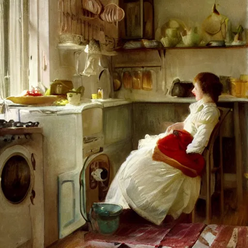 Prompt: a rabbit and a young edwardian woman in a french cozy kitchen, in the style of anders zorn