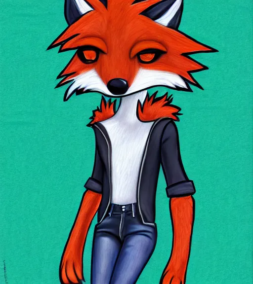 Prompt: expressive stylized master furry artist digital colored pencil painting full body portrait character study of the sergal fox fursona animal person wearing clothes jacket and jeans by master furry artist blotch