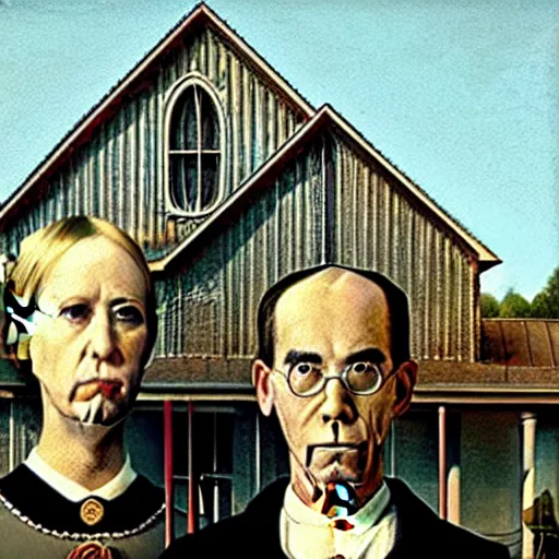 Image similar to american gothic painting with nicolas cage