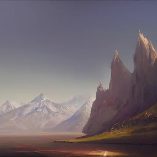 Prompt: a beautiful oil painting of an awesome mountain landscape in the style of james gurney and greg rutkowski, oil on canvas