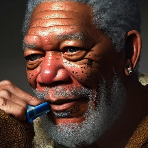 Image similar to morgan freeman as gimli in lord of the rings, high detail shot, smoking, render, cgsociety, photorealism