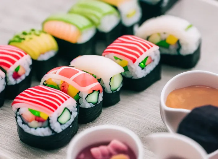 Prompt: dslr food photograph of candy sushi, 8 5 mm f 1. 8