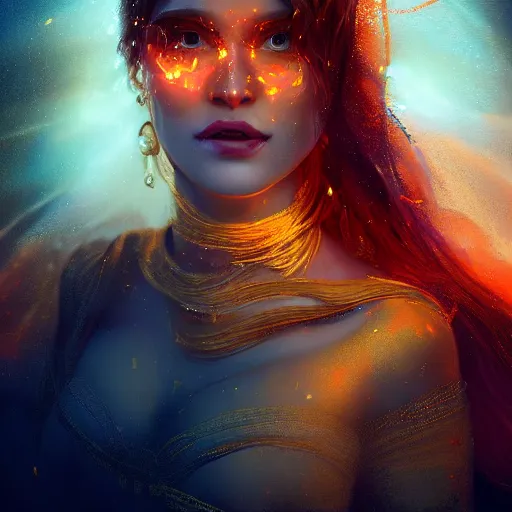 Prompt: masterpiece portrait of an aesthetic beautiful realistic fire mage woman, 3 0 years old woman, hair with lighter colorful strands, wearing a thin golden diadem with ruby inlays, digital painting by wlop and by joachim bergauer, cinematic lights, atmospheric effects and fog in the background, 8 k, octane render, artstation, deviantart, instagram