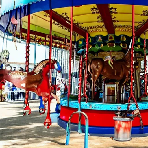 Prompt: horse with plunger in head on a carousel