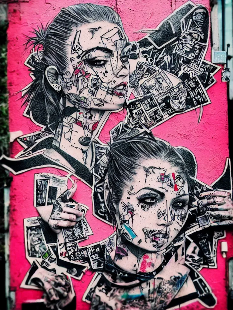 Prompt: a multilayered mixed media street art bursting with nostalgic pop culture references, punk symbols and tattoo designs, sharp details, art by stikki peaches