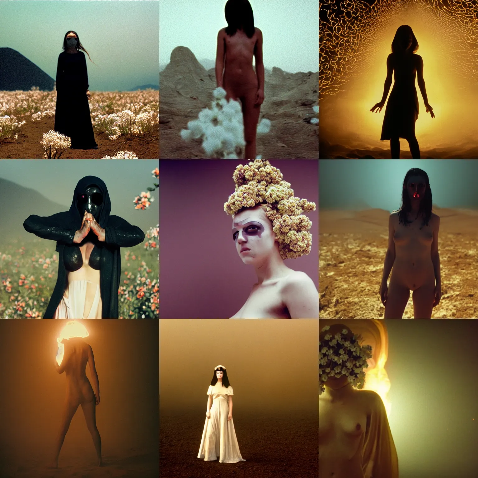 Prompt: The full body shot of beautiful pale woman with white flowers and full-face golden mask in a black smoke in rocky desert landscape, glowing eyes everywhere by Gaspar Noe and Christopher Doyle, anamorphic lens, anamorphic lens flares, kodakchrome, cinematic composition, practical effects, award winning photo, 8k