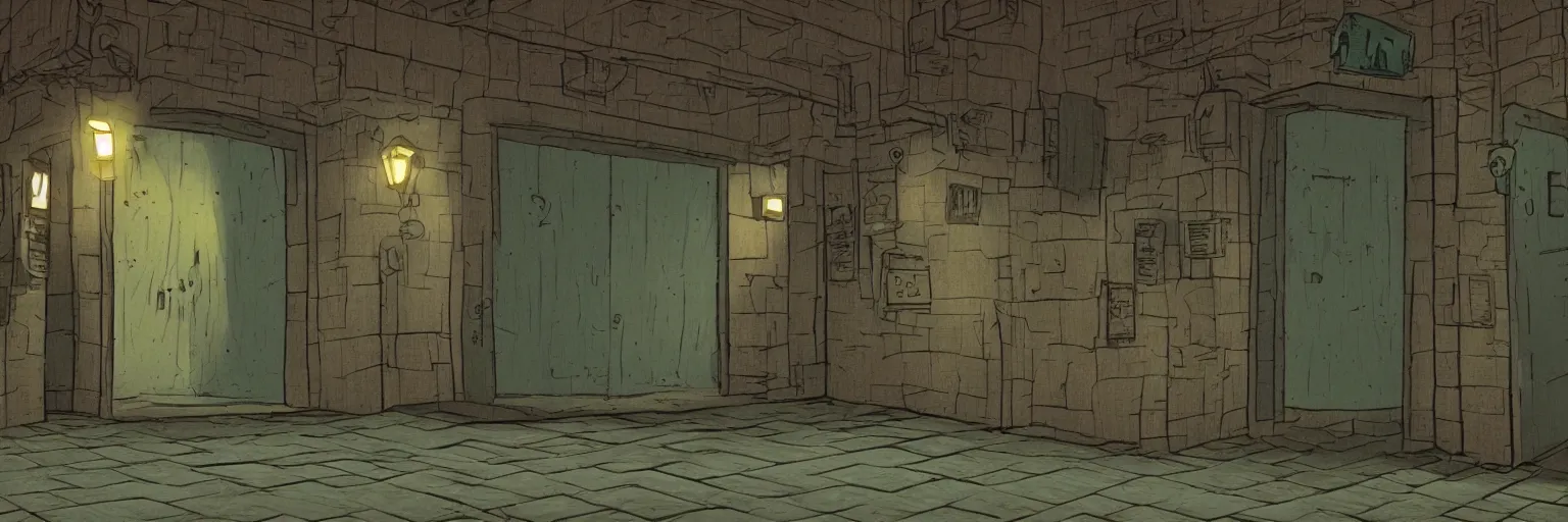 Image similar to door entrance to a building at night, game environment, in the style of Spirited Away (2001)