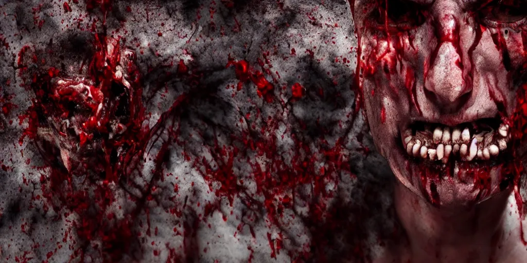 Prompt: evil demoniac face and shoulder, blood, intricate, creepy, processing, 8 k, very high resolution, extremely hyperdetailed