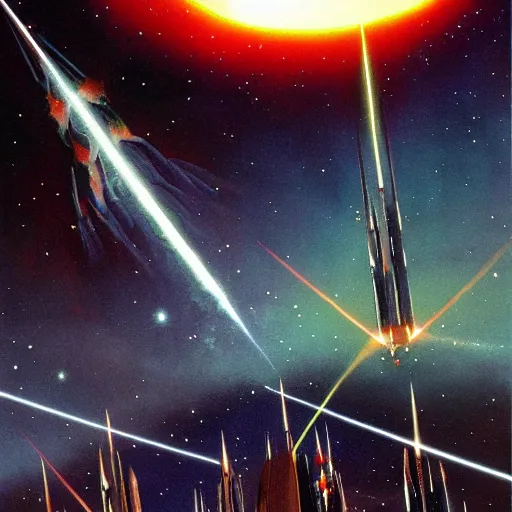 Image similar to spires made of laser energy shooting down from the heavens bursting the ground by les edwards