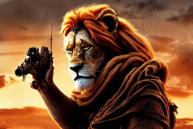 Image similar to scar ( from the lion king ), heavily armed and armored facing down armageddon in a dark and gritty reboot from the makers of mad max : fury road : witness me