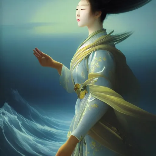 Image similar to close-up portrait of a beautiful Korean Luxurious Goddess wearing an elegant futuristic tsunami outfit posing dramatically in the art style of Aivazovsky, rule of thirds, fair complexity, 4k quality