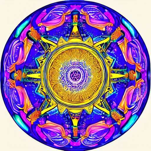 Image similar to rainbowcore, golden Gemini sign glowing, surrounded by lotus, with the sun shining with the moon, with detailed mandala filled with fractals, bioluminescence, glowing runes, de-noise, symmetrical composition, high detailed, super clear, ornate border, 32k