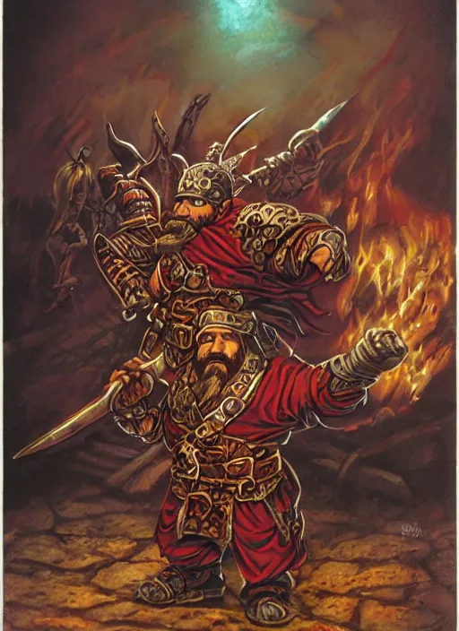 Image similar to full body of a dwarf sorcerer, beautiful! coherent! dungeons and dragons character, by larry elmore, gerald brom, ralph horsley, wayne reynolds, strong line, deep color, chainmail, short red hair, high contrast