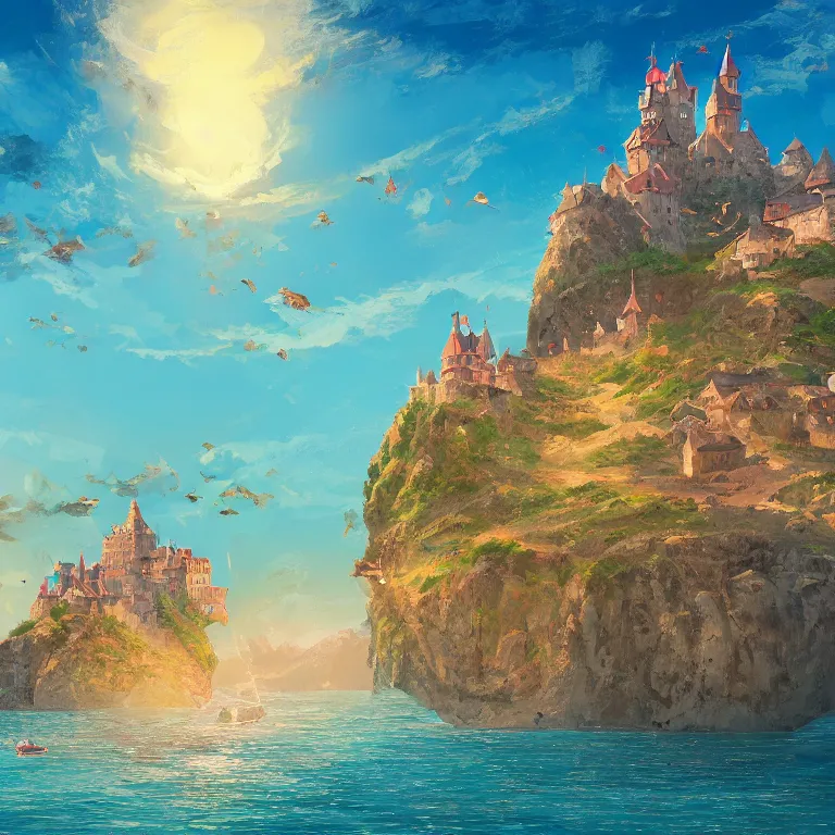 Prompt: a beautiful painting of a medieval castle and bustling town floating on top of a giant rock next to a beach and a clear blue sea mountain range by petros afshar