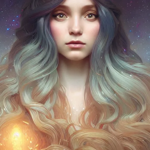 Image similar to aurora, girl with super long hair, hair becoming bright stars, intricate, highly detailed, digital painting, artstation, concept art, smooth, sharp focus, illustration, unreal engine 5, 8 k, art by artgerm and greg rutkowski and alphonse mucha