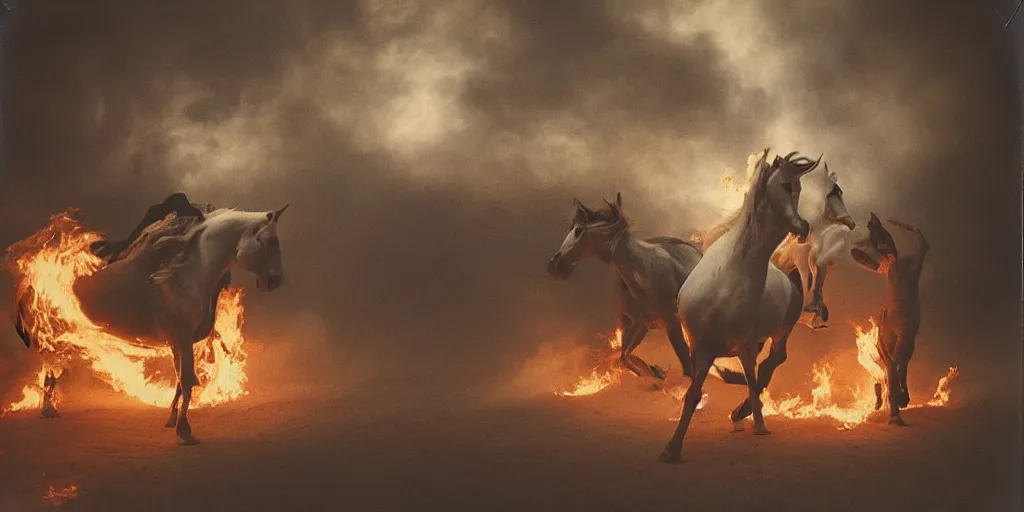 Image similar to A polaroid photo of white horses running from a carousel on fire, big flames, smoke, dirt, eerie ambient, low light, wide angle, detailed,by Ruan Jia and Mandy Jurgens and Artgerm and William-Adolphe Bouguerea