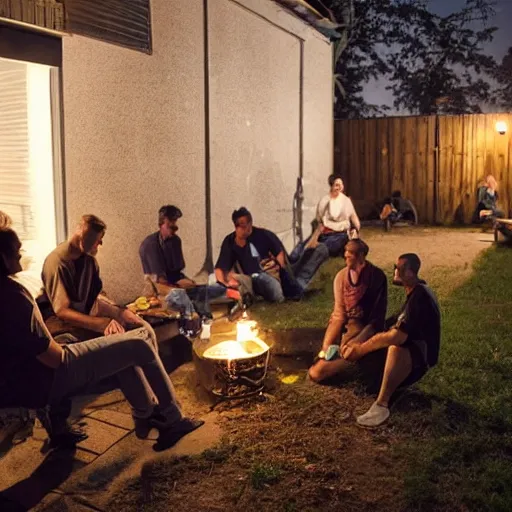 Image similar to It's a deep night, in the yard, in the distance two guys are grilling kebabs and chatting about the meaning of life, in the foreground on the left by the garage wall is a long table and two long benches with six girls and four guys sitting on them, one guy has an acoustic guitar and another guy is vaping, and to the right in the foreground is a vegetable garden, and one guy stepped in the bed by accident, and the other two guys are pulling him out of it, sharp focus, fantasy style, octane render, volumetric lighting, 8k high definition, by greg rutkowski, highly detailed, trending on art Station