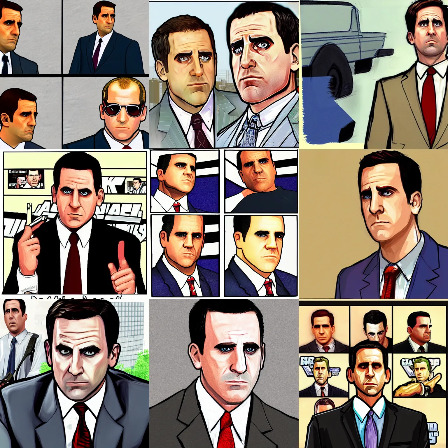 Prompt: drawn in michael scott in grand theft auto 1 graphics