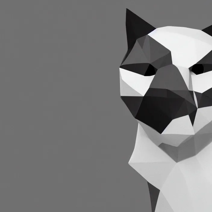 Image similar to low polygon, 3 d render, cat with black and white fur, isometric view, white background, high definition