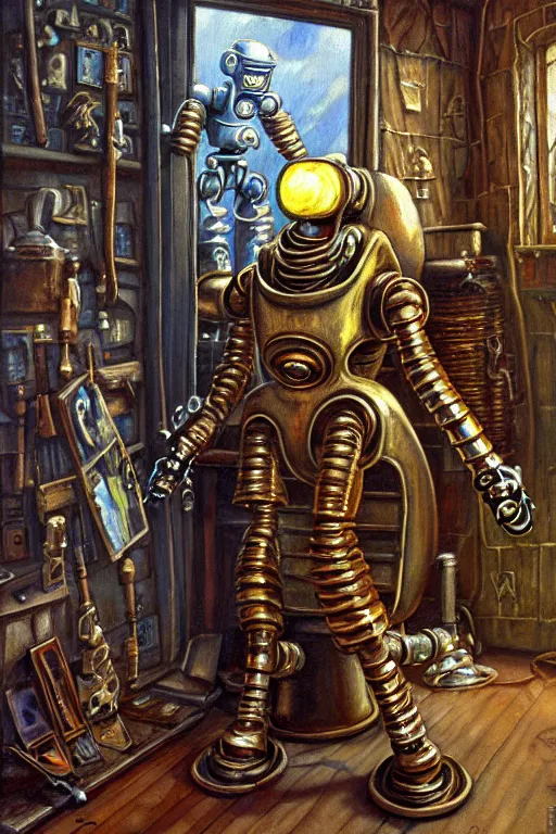 Prompt: classic oil painting, a tarnished robot dressed in medieval pajamas, as a dnd character, inside a cluttered bedroom, cottagecore, highly detailed, digital illustration, concept art, smooth, sharp focus, art by roy c. krenkel, and boris vallejo, and manuel sanjulian, mystic, fractals, fog