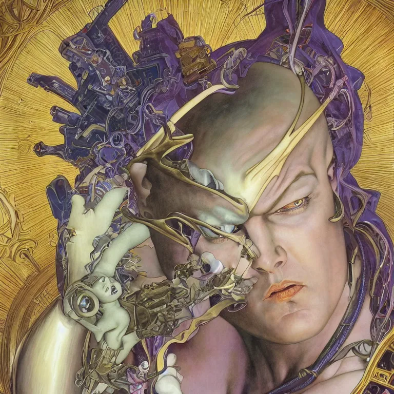 Prompt: portrait of Frieza by Jeff Easley and Peter Elson + beautiful eyes, beautiful face + symmetry face + border and embellishments inspiried by alphonse mucha, fractals in the background, galaxy + baroque, gothic, surreal + highly detailed, intricate complexity, epic composition, magical atmosphere + masterpiece, award winning + trending on artstation