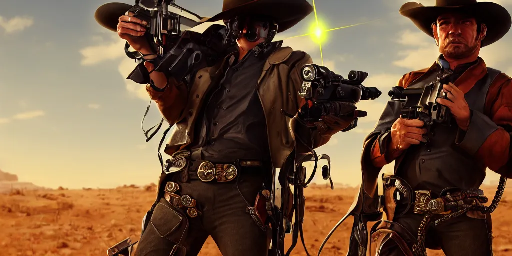 Prompt: a futuristic cowboy with laser guns with revolver magazines looking menacingly. cattlepunk. Wild West retrofuture. steampunk. cowboys vs aliens. 8K. detailed. photorealism. trending in artstation. ultra realistic