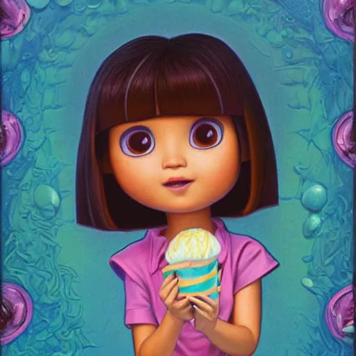 Image similar to dora the explorer as real girl holding ice cream, detailed, intricate complex background, Pop Surrealism lowbrow art style, muted pastel colors, soft lighting, by Mark Ryden and mucha, artstation cgsociety