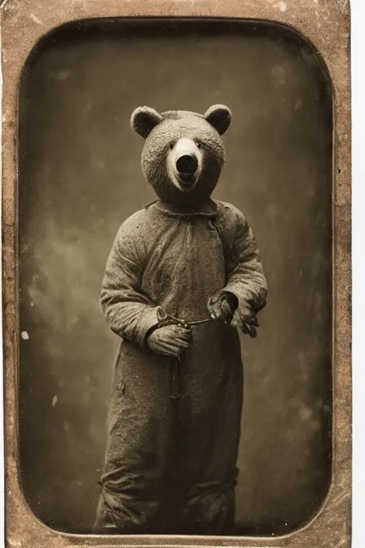 Image similar to a wet plate photo of an anthropomorphic bear dressed as a peasant