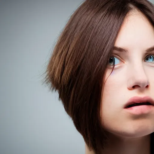 Prompt: studio photo, young woman, side view, short brown hair, blue eyes, crying