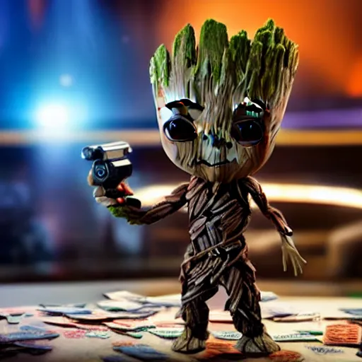 Image similar to baby groot makes it rain at the swanky night club, signing autographs, taking selfies, a pile of cash in the background. hyperrealistic, ultradetailed, sharp focus, imax 7 0 mm. mandalorian ( tv show ), rougue one ( film ), buzz lightyear ( film ), space odyssey 2 0 0 1 ( film ).