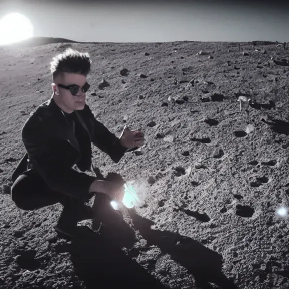 Image similar to dustin bates from starset band doing an epic cinematic pose on the moon, incredibly highly detailed, my demons video, masterpiece