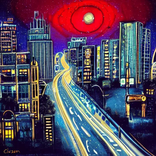 Image similar to City in the night, Joe Biden is in the middle (crossfade) with red eyes, art station