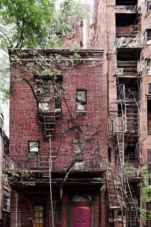 Prompt: (((((a ramshackle manhattan brick brownstone deep in the forest))))) by Robin Tran!!!!!!!!!!!!!!!!!!!!!!!!!!!