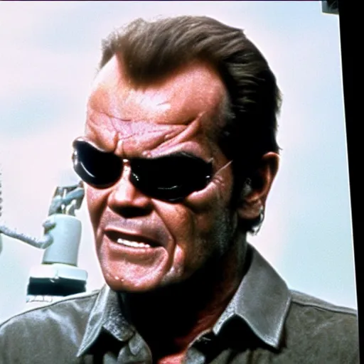 Image similar to Jack Nicholson plays Terminator, epic scene where his endoskeleton gets exposed