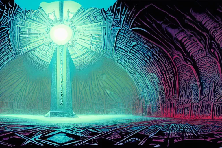 Prompt: the inside of a symmetrical hellish dungeon, matte painting, 4 k, epic composition, volumetric light, abstract illusionism, by william stout, kilian eng, damien hirst, pour paint