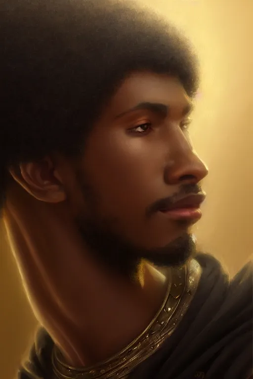 Prompt: a portrait of a black male prince, side profile, white cape, illustration, soft lighting, soft details, dark mood, painting oil on canvas by Edmund Blair Leighton and Charlie Bowater octane render trending on artstation d&d characters, 4k, 8k, HD