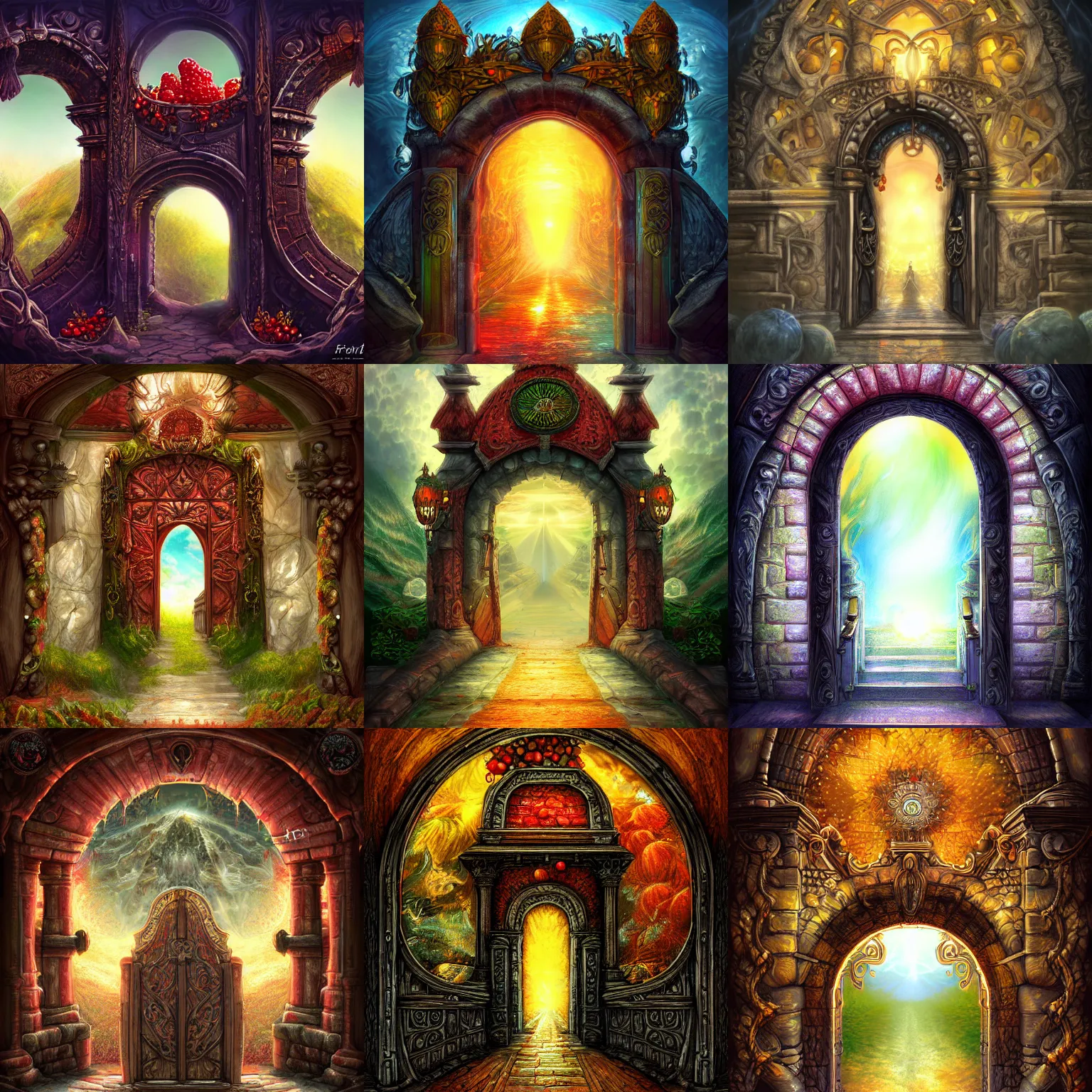 Prompt: The gate to the eternal kingdom of fruits, fantasy, digital art, HD, detailed.