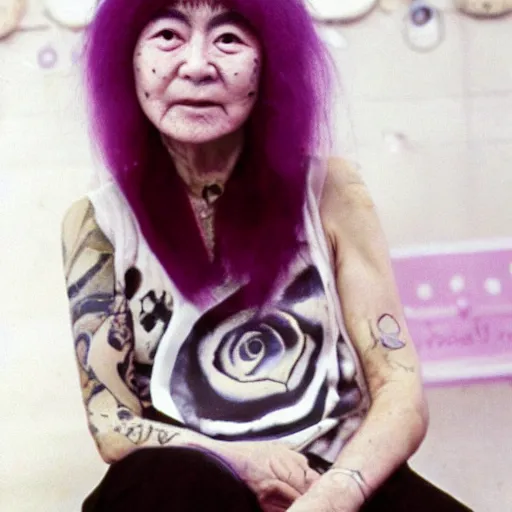 Image similar to photo of yoko ono in 1 9 7 4 with dyed purple hair, face tattoos, and face peircings