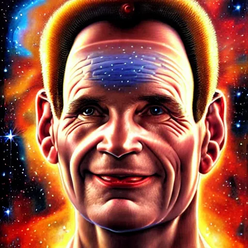 Prompt: uhd photorealistic cosmic arnold j. rimmer in space. amazing detail, correct face, symmetrical face, by karol bak and zawadzki, hyperdetailed. intricate details with studio lighting.