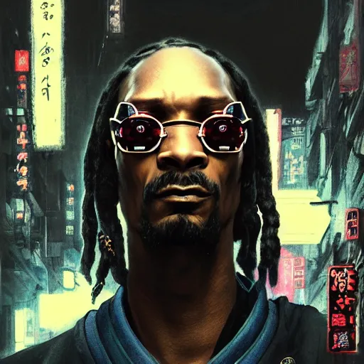 Image similar to a beautiful ukiyo painting of snoop dog cyberpunk blade runner, dramatic pose, wearing japanese techwear, detailed symmetrical, intricate complexity, concept art, by ismail inceoglu dragan bibin hans thoma greg rutkowski alexandros pyromallis nekro rene maritte illustrated, perfect face, fine details, realistic shaded, fine - face, pretty face