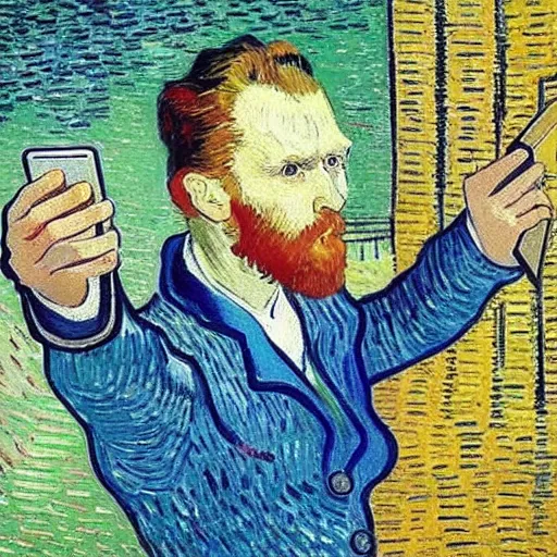 Prompt: iphone selfie, phone in hand, by van gogh