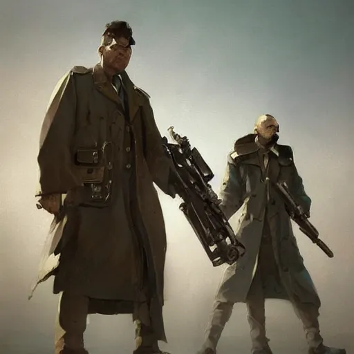 Image similar to a highly detailed epic cinematic concept art CG render digital painting artwork: Soviet dieselpunk detectives from Se7en. By Greg Rutkowski, Ilya Kuvshinov, WLOP, Stanley Artgerm Lau, Ruan Jia and Fenghua Zhong, trending on ArtStation, subtle muted cinematic colors, made in Maya, Blender and Photoshop, octane render, excellent composition, cinematic atmosphere, dynamic dramatic cinematic lighting, precise correct anatomy, aesthetic, very inspirational, arthouse