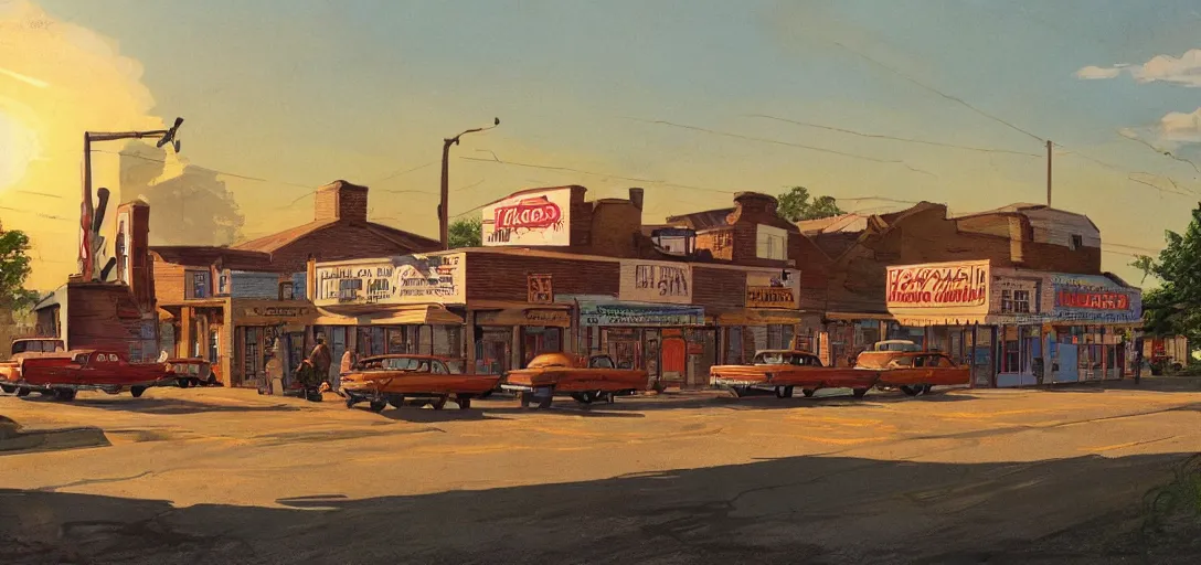 Image similar to concept art of a small rural town in middle America in the 1960s, detailed, Americana, golden hour