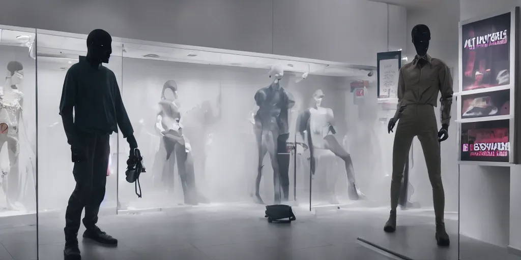 Image similar to a horror movie in a mall ; a mannequin is transforming into flesh, its face is in pain, it is half alive, half of the body is plastic the other half is flesh, the background is misty, cinematic still, 4 k, dramatic, eerie, cinema lighting, low light, realistic