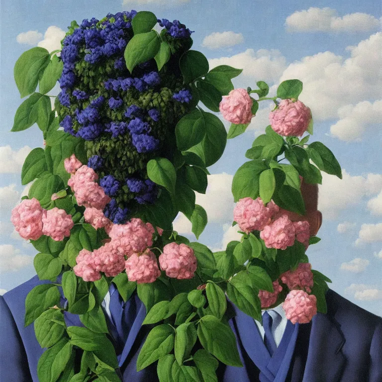 Image similar to portrait of a man, face hidden by beautiful flowers, by rene magritte, detailed painting, hd, hq, high resolution, high detail, 4 k, 8 k