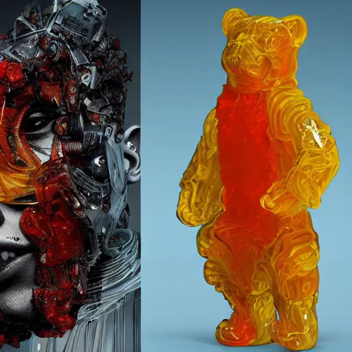 Prompt: Subsequent layers peeling back to reveal a gummy bear's cybernetic skin, digital art extreme detail, octane render, 8k, by Dave McKean and artgerm and Ilya Repin