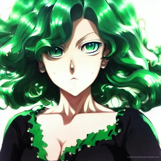 Image similar to tatsumaki from one punch man, green wavy hair, black dress, fine details, sharp focus, intricate, realistic shaded perfect face, by cushart krenz makoto shinkai artgerm ilya kuvshinov rossdraws